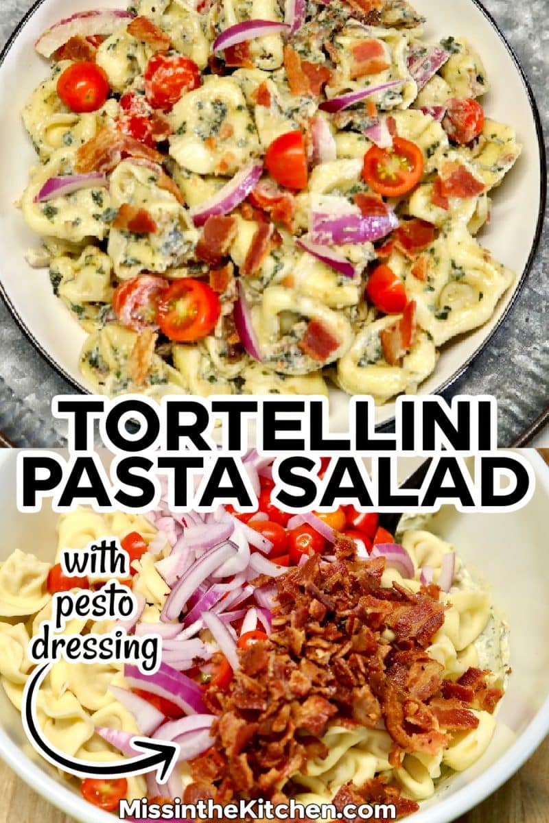 Collage: bowl of pasta salad/ ingredients in bowl.