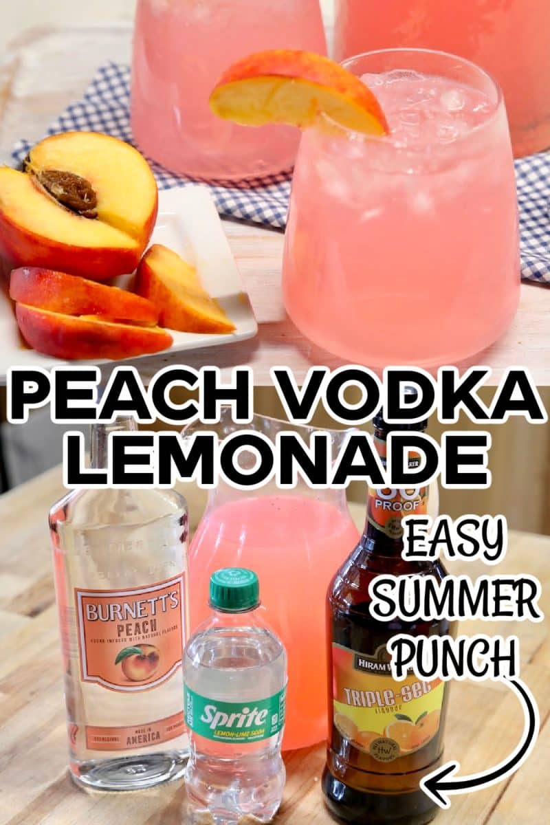 Peach lemonade with vodka collage: drinks in glasses/ingredients.