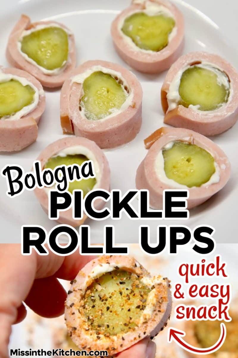 Collage of bologna pickle roll up appetizers.