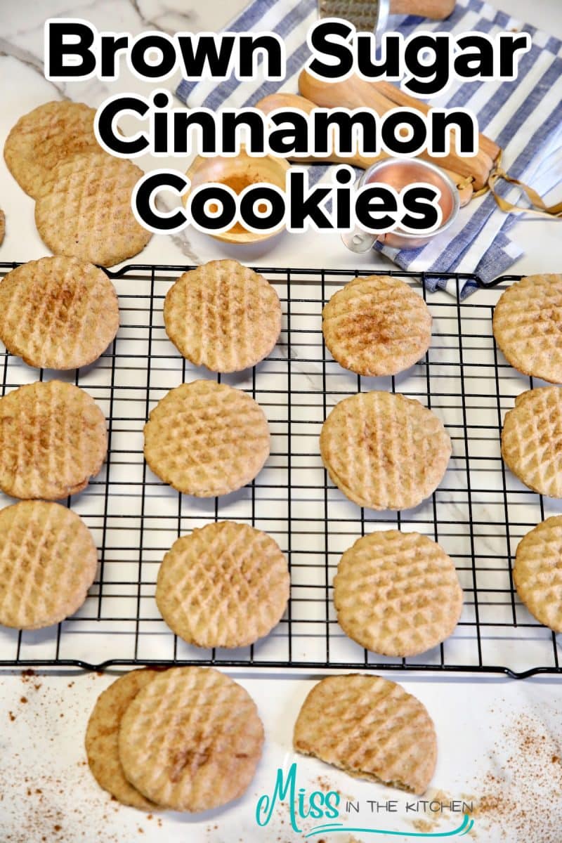 Brown sugar cinnamon cookies on a wire rack - text overlay.