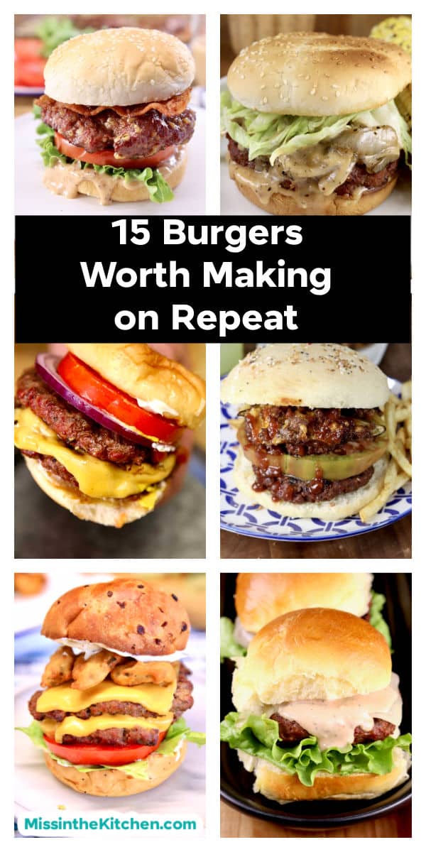 15 burgers to make on repeat with text overlay.