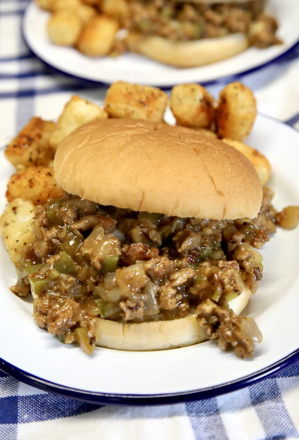 Sloppy joes on a plate with tater tots.