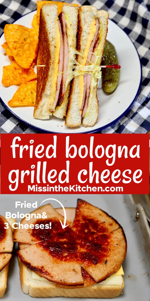 Fried bologna grilled cheese collage: sandwich cut in half - fried bologna.