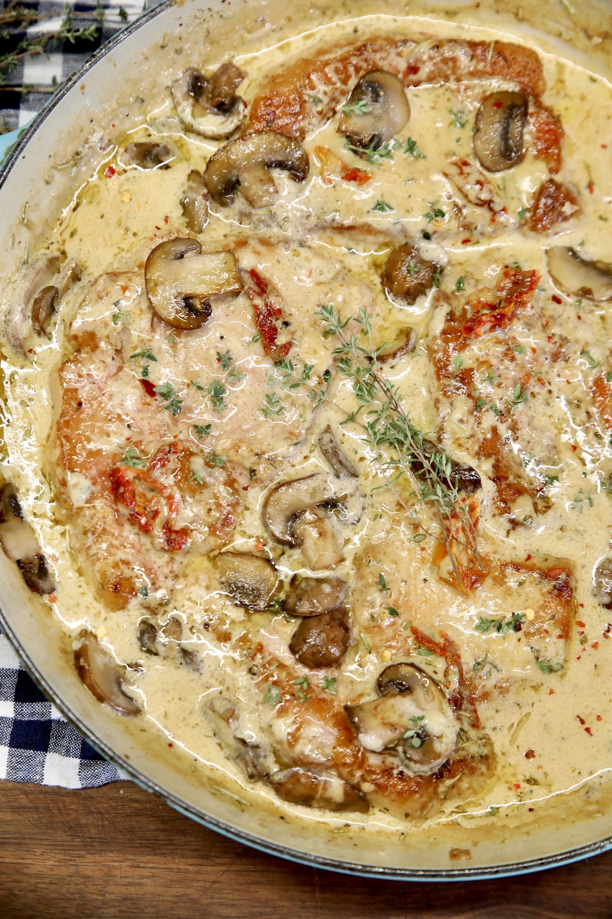 Skillet pork chops with mushroom cream sauce.