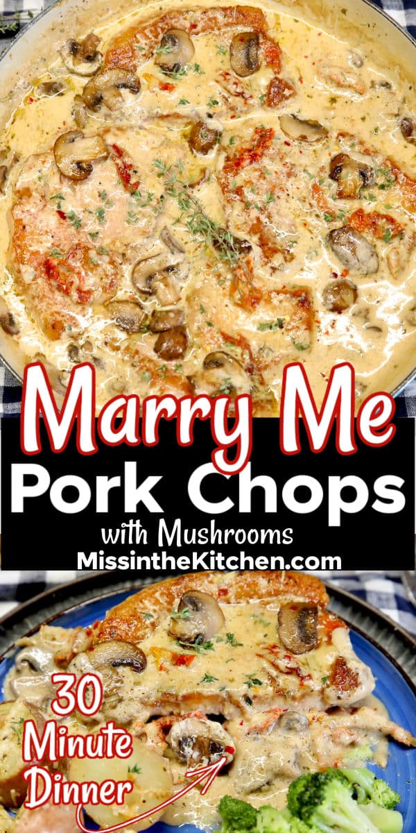 Marry me pork chops collage: in skillet/plated.