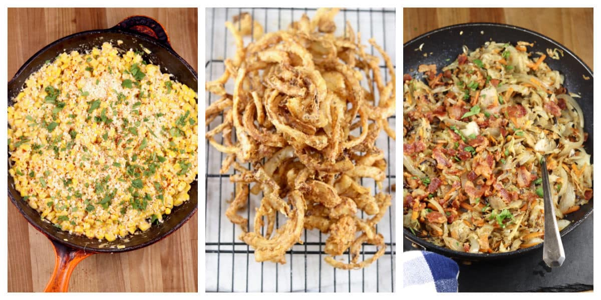 Collage: Skillet corn, onion strings, fried cabbage.