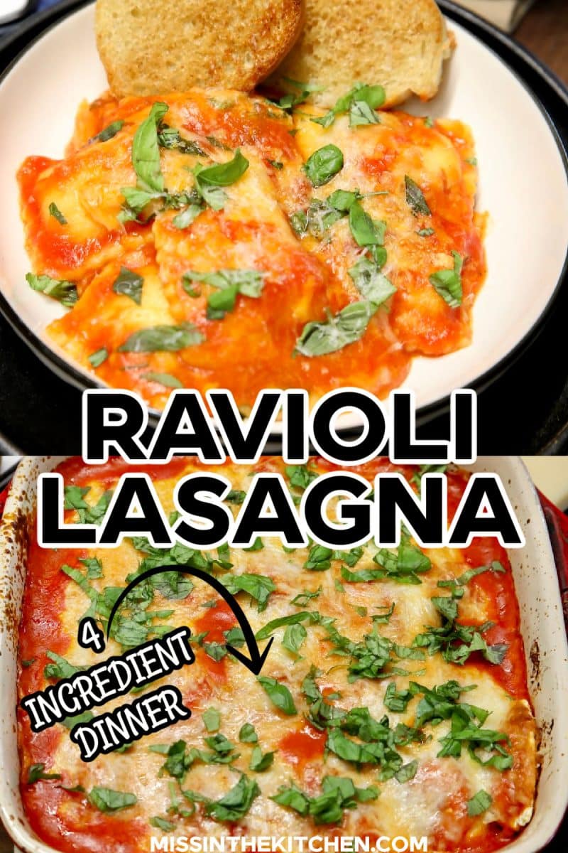 Ravioli lasagna collage: plated/casserole - text overlay.