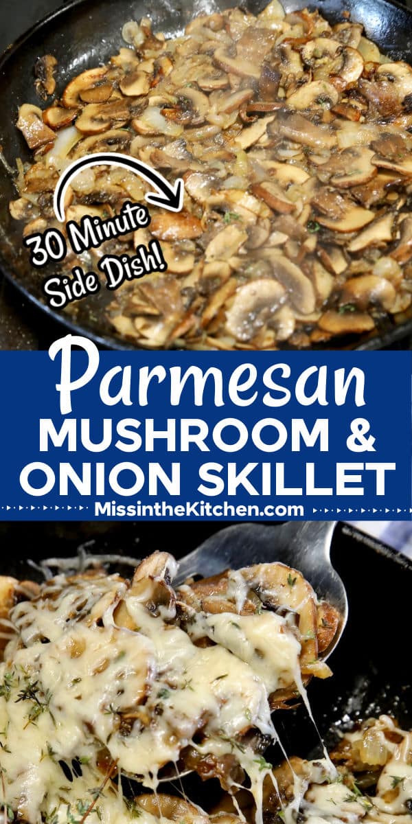 Skillet mushroom collage: sauteed, on spoon - text.