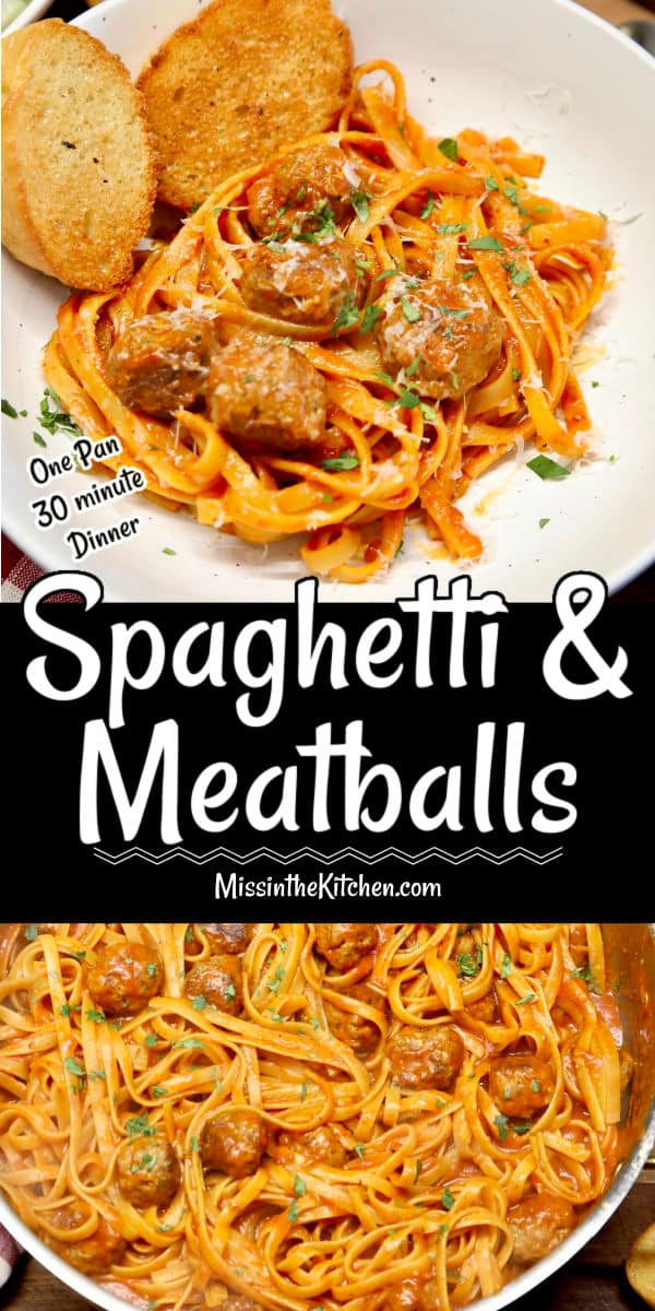 Spaghetti and meatballs on a plate with garlic bread/in a pan - banner text.