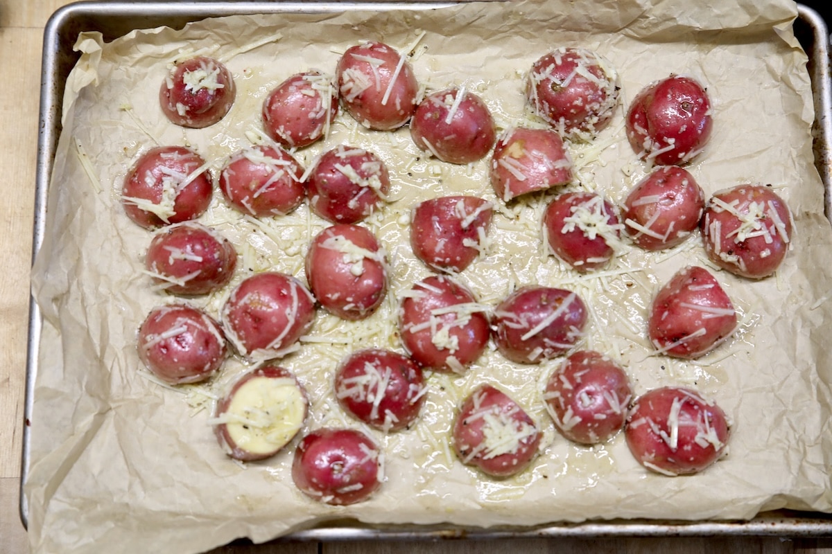 Roasting parmesan potatoes.