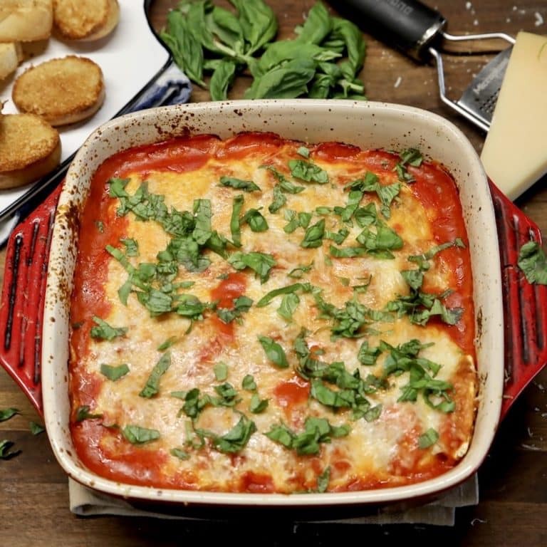 Square baking dish of lasagna.