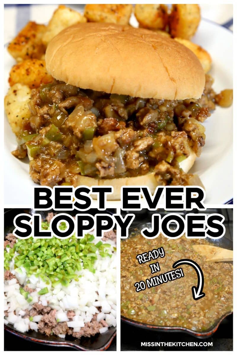 Collage: sloppy joes - on a bun, cooking with onions, peppers- gravy.