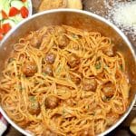 Pan of spaghetti and meatballs.