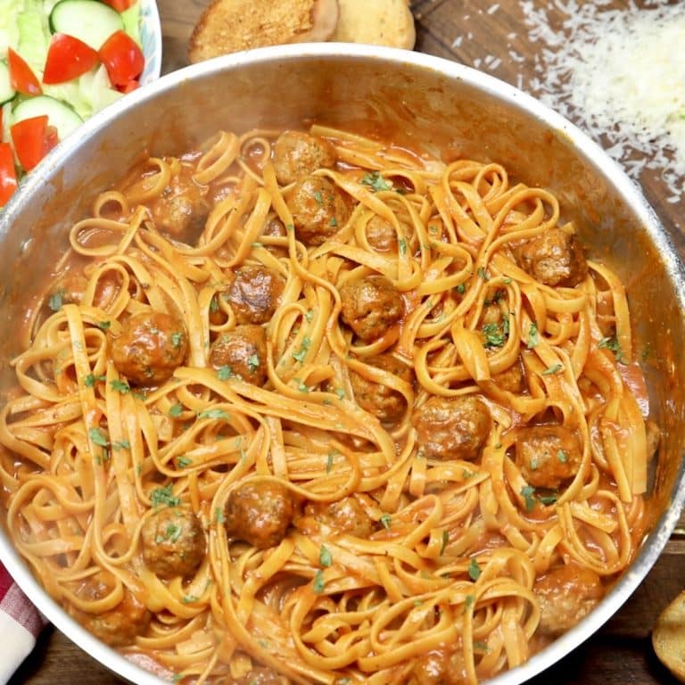 Pan of spaghetti and meatballs.