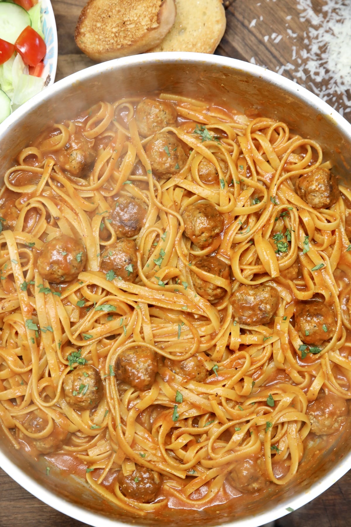 Spaghetti and Meatballs in a pan.