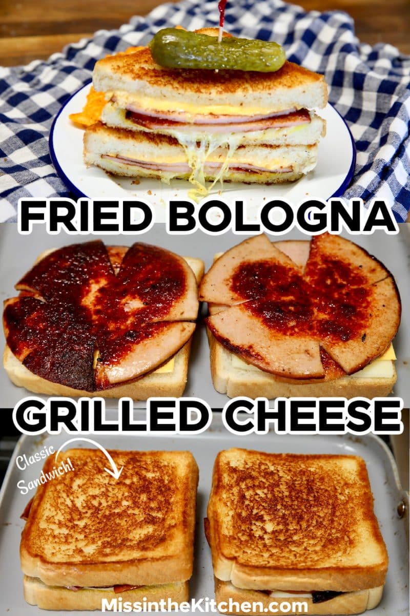 Collage: fried bologna grilled cheese sandwich.