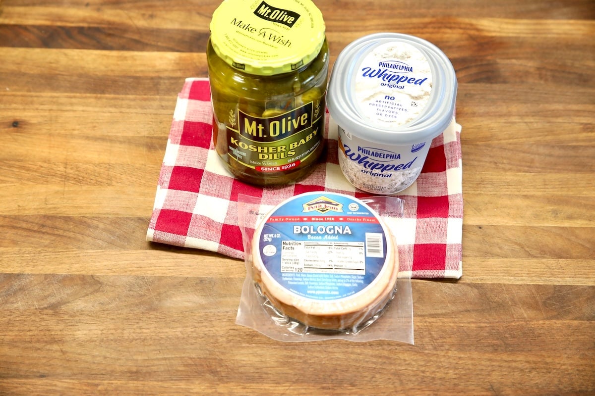 Ingredients for bologna pickle roll ups.