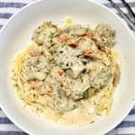 Bowl of marry me meatballs with spaghetti.