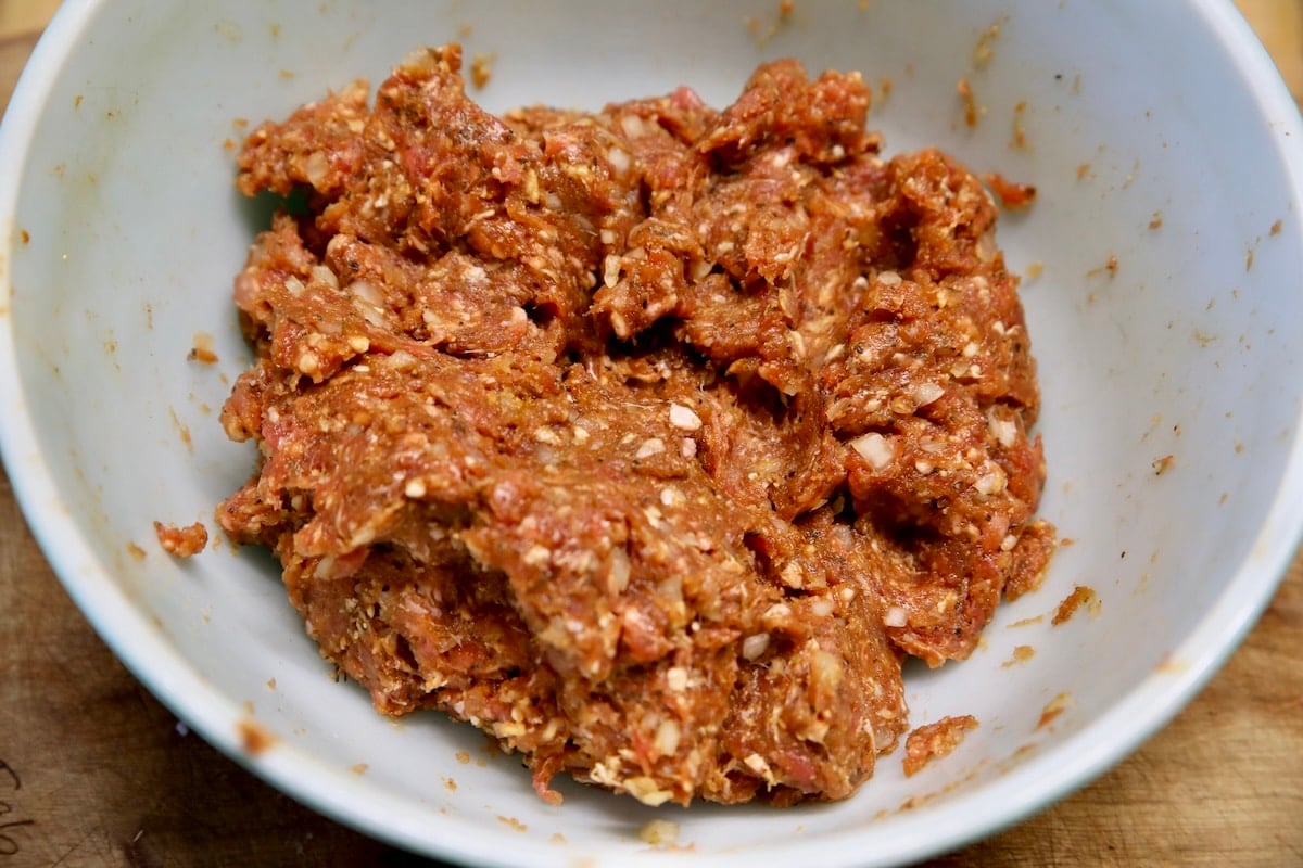 Meatball mixture in a bowl.
