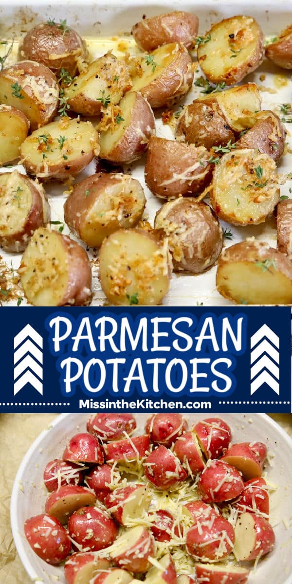 Parmesan potatoes collage: in a pan/seasoned.