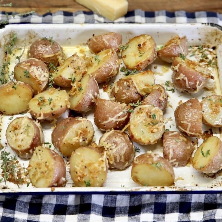 Pan of parmesan roasted potatoes.