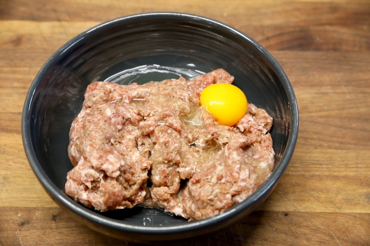 Bowl with ground beef, egg.