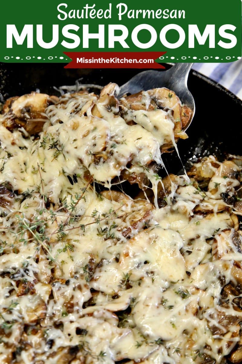 Parmesan mushrooms in a skillet - banner text.