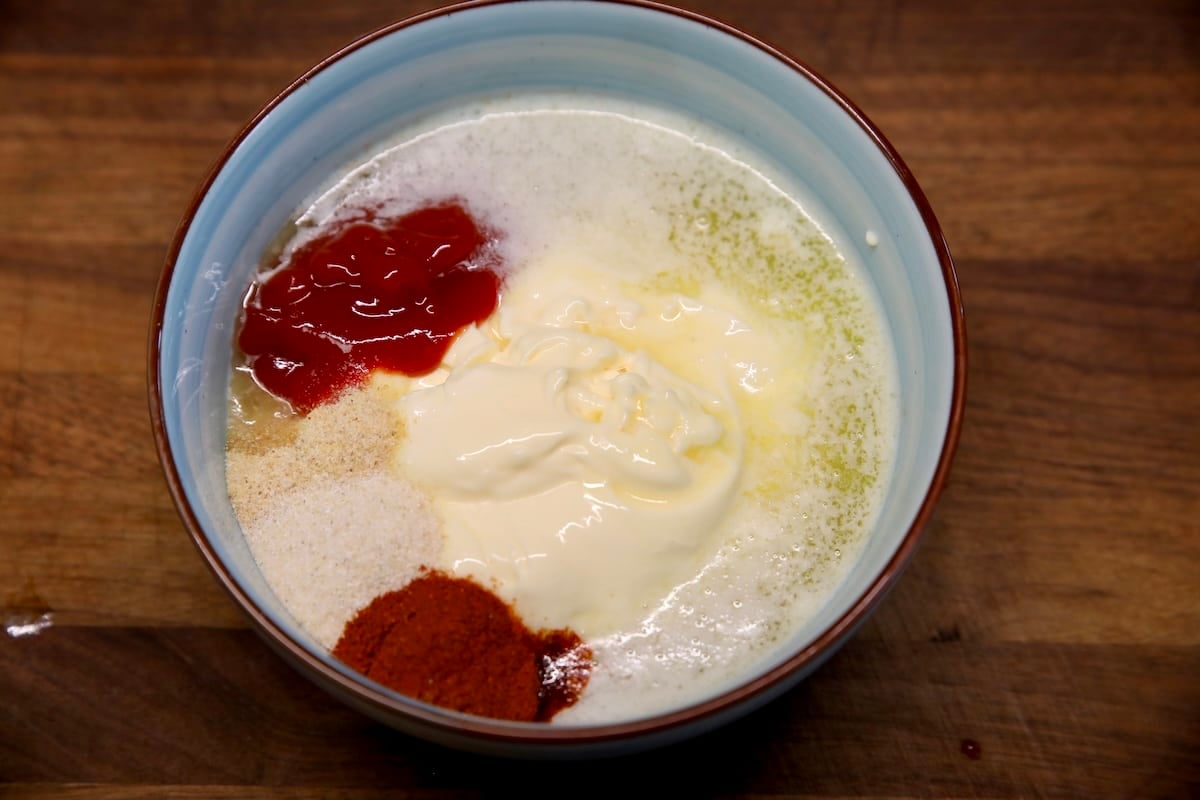 Bowl of ingredients for shrimp dipping sauce.