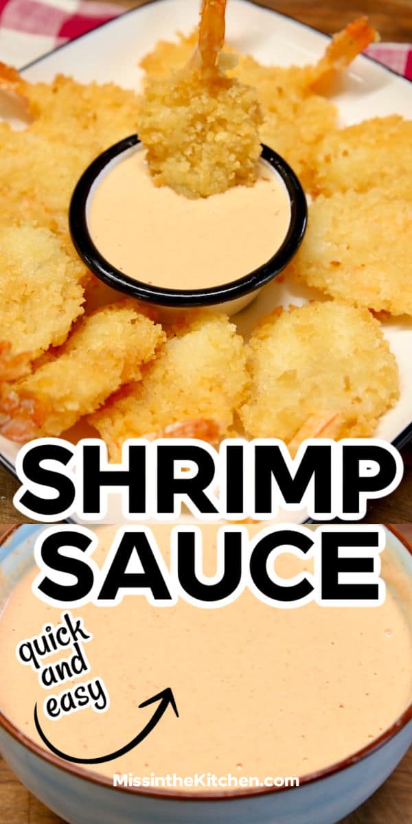 Shrimp sauce collage: shrimp dipping/bowl of sauce.
