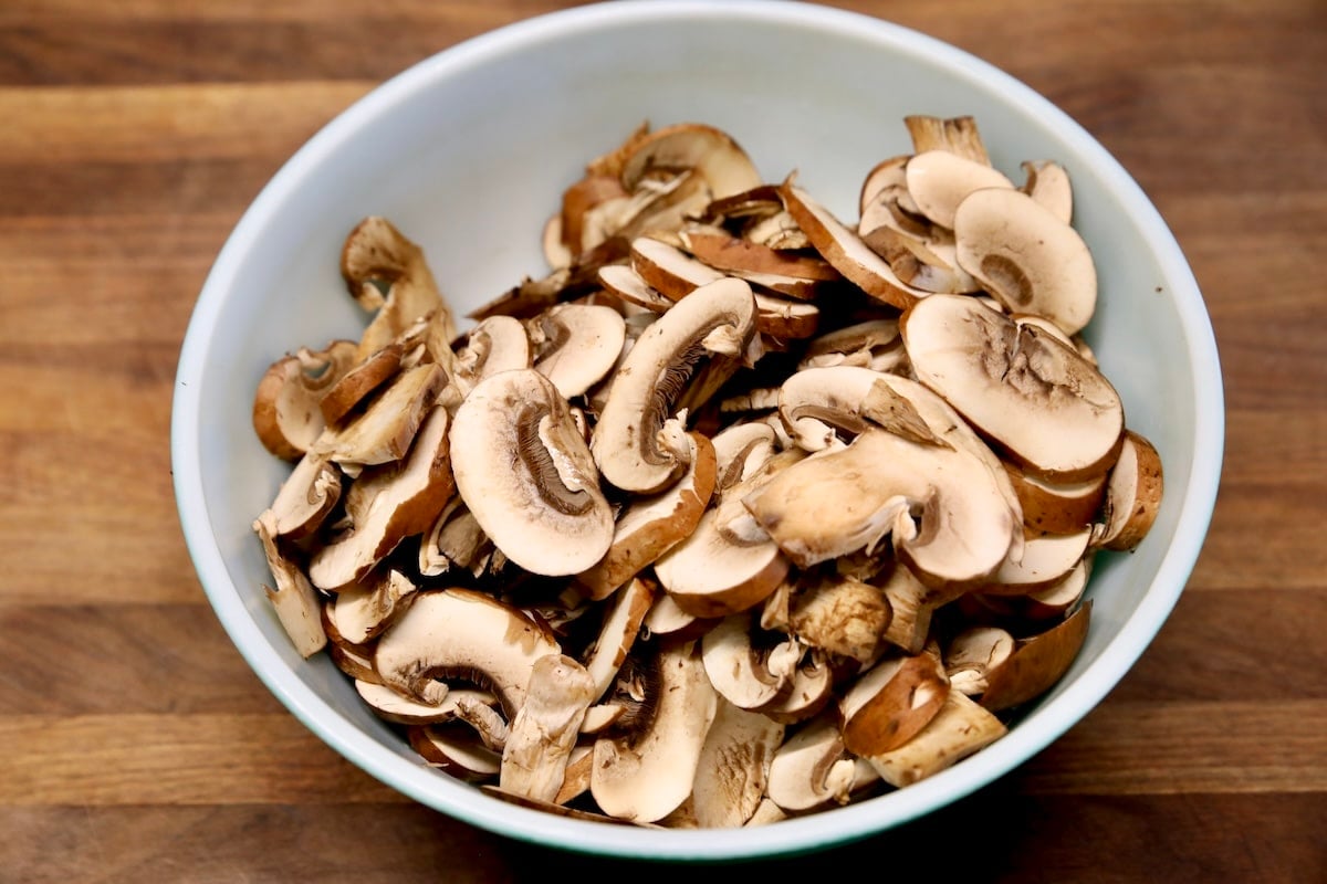 Sliced mushrooms in a bowl.