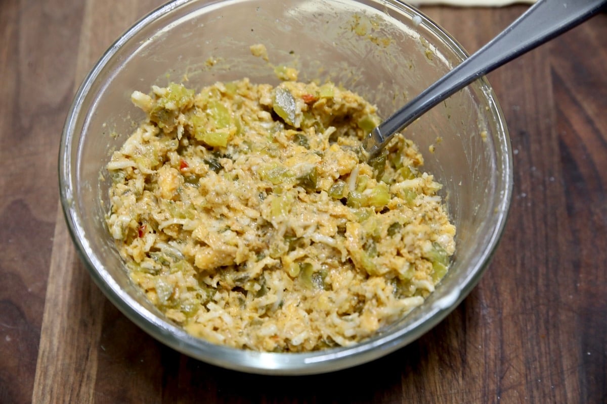 Cheesy pickle filling for savory cruffins.