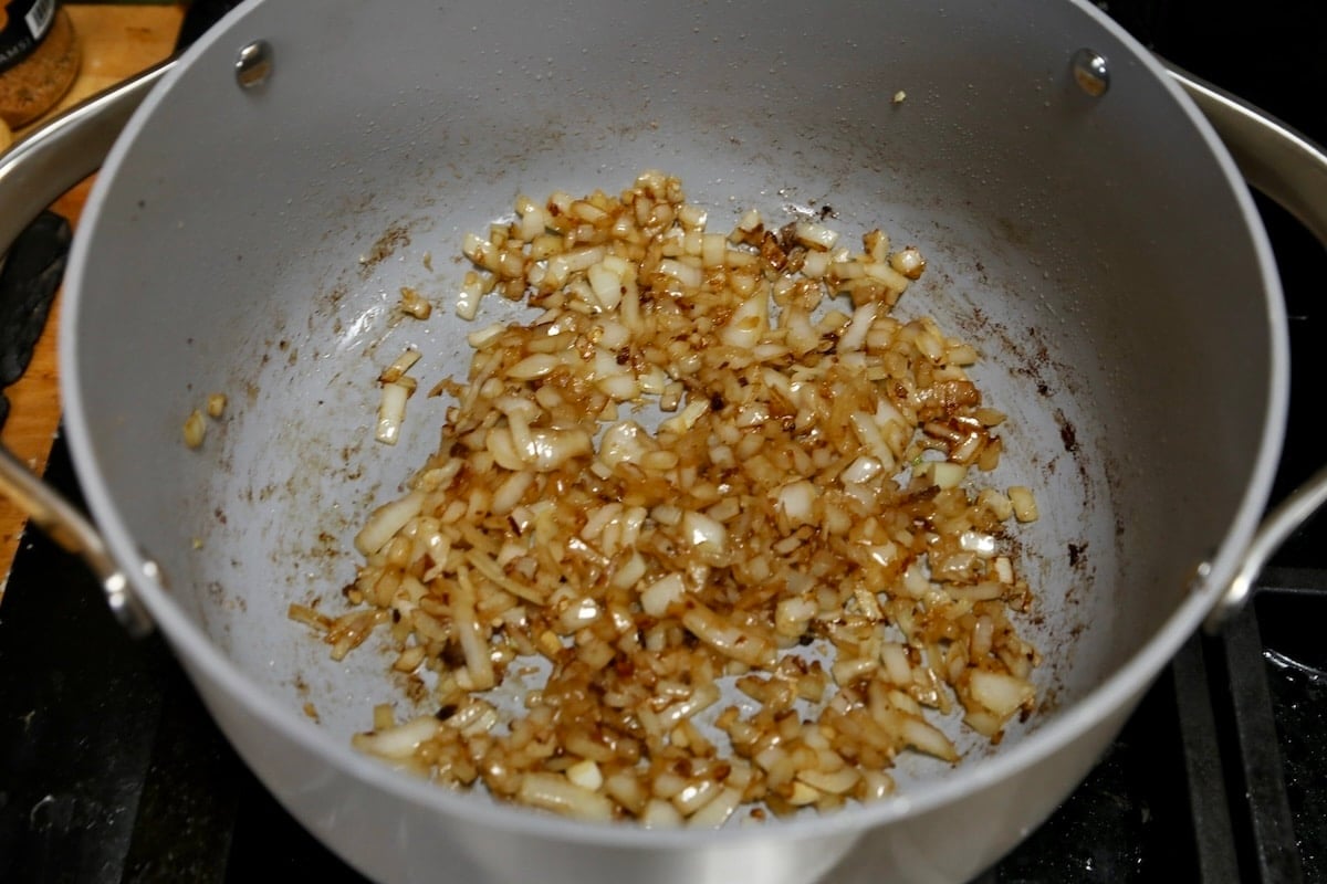 Caramelized onions in a pan.