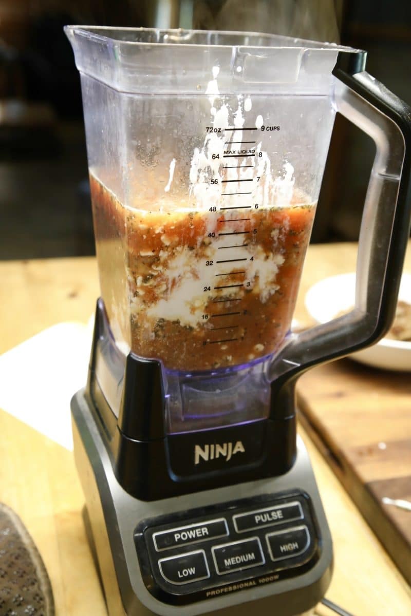 Blender of creamy tomato soup.