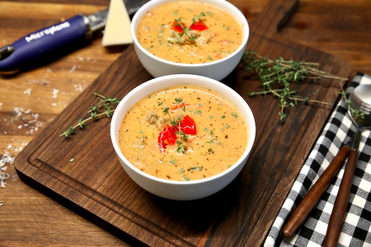 2 bowls of tomato sausage soup.