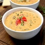 Bowl of creamy tomato sausage soup.